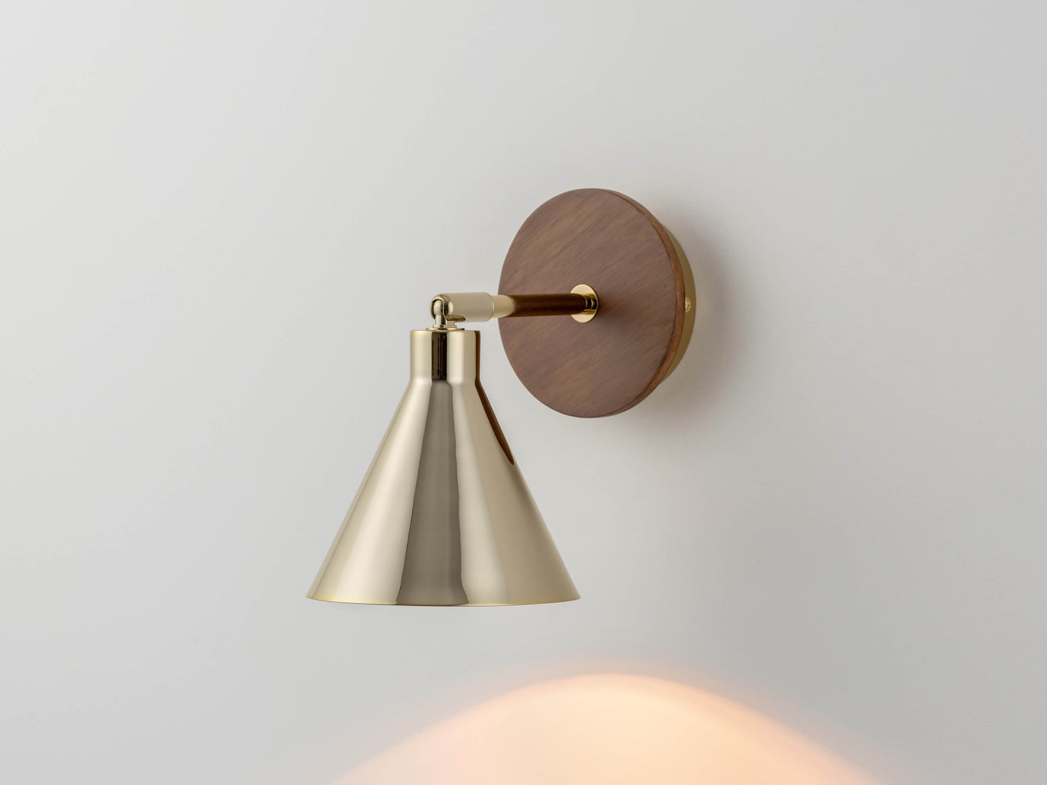 An adjustable brass metal cone shade is attached to a wood veneer wall fixture. Light is on.